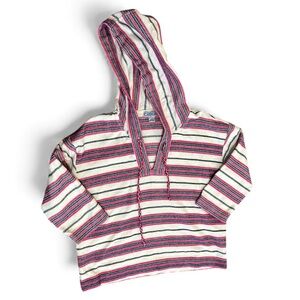 NWOT Vintage Baja Hoodie Mexican Drug Rug Striped Poncho Pink White Blue Size S